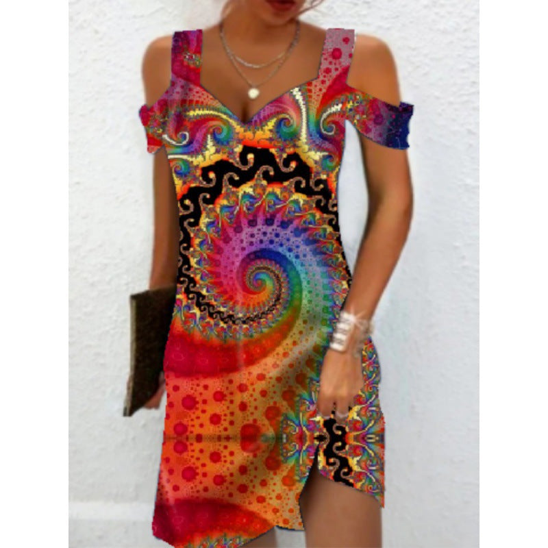 Damen Off-Shoulder Sommerkleid mit schwingendem Saum und aufregendem Spiraldesign R&B