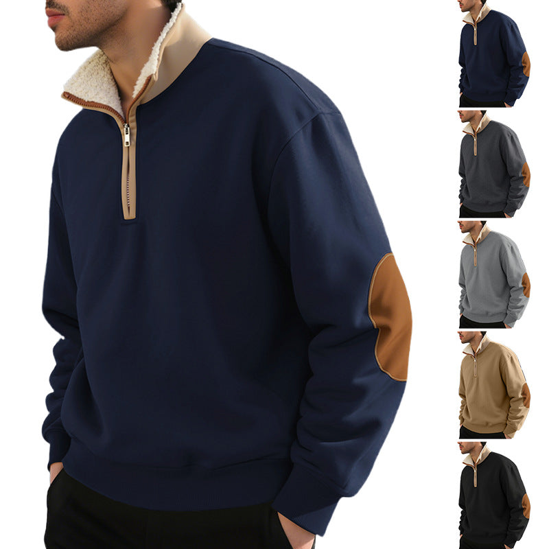 Herren nan legeres Halbzip-Sweatshirt mit Sherpagefüttertem Stehkragen und Kunstleder-Ellenbogenapplikation R&B