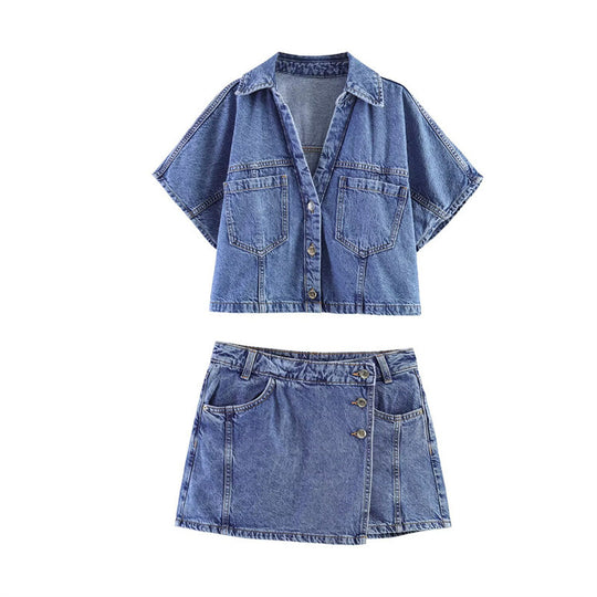 Damen Denim-Minirock im asymmetrischen Schnitt mit dekorativen Knöpfen R&B
