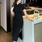 Damen elegantes Bodycon-Kleid mit hohem Schlitz und kurzen Ärmeln