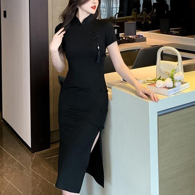 Damen elegantes Bodycon-Kleid mit hohem Schlitz und kurzen Ärmeln