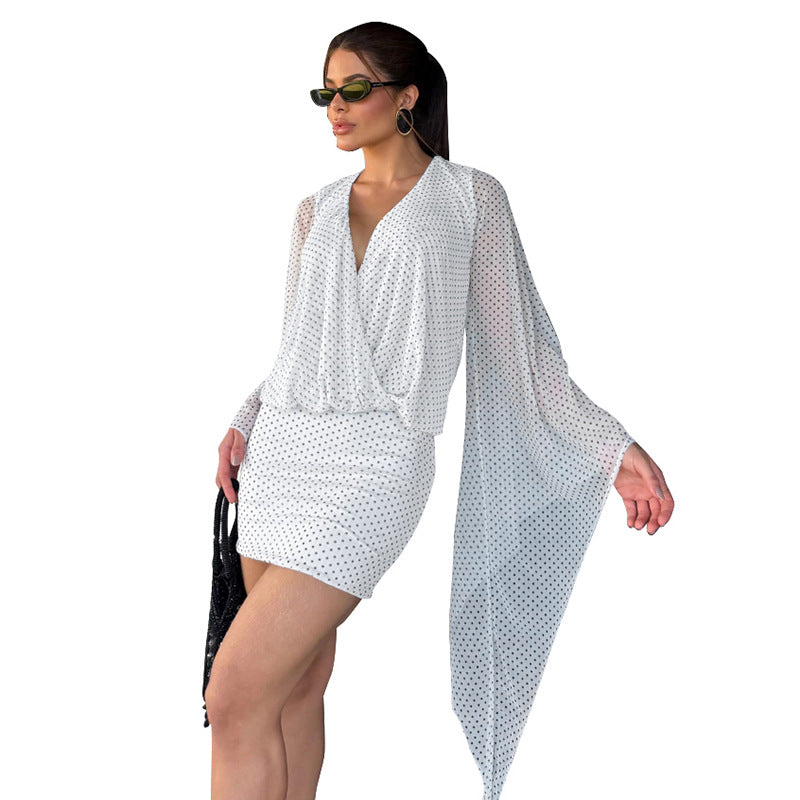 Damen lässiges Wickelkleid mit transparenten Ärmeln und schickem Design R&B