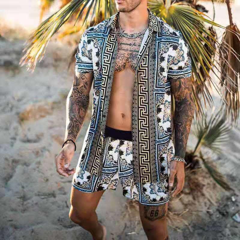Herren sommerliches Kurzarm Set mit künstlerischem Druck R&B