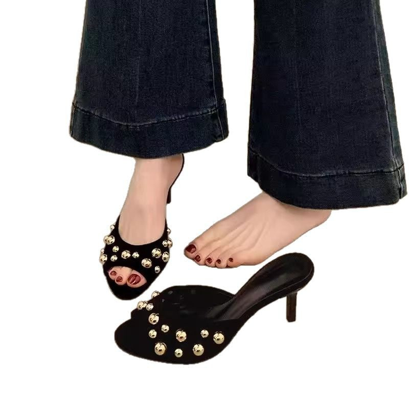 Damen elegante Mules mit funkelnden Perlen R&B