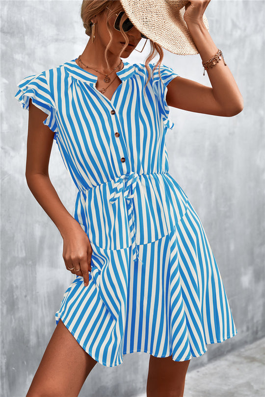Damen Kurzarm-Kleid im angesagten Streifenlook mit Taillenzug und eleganten Rüschendetails R&B