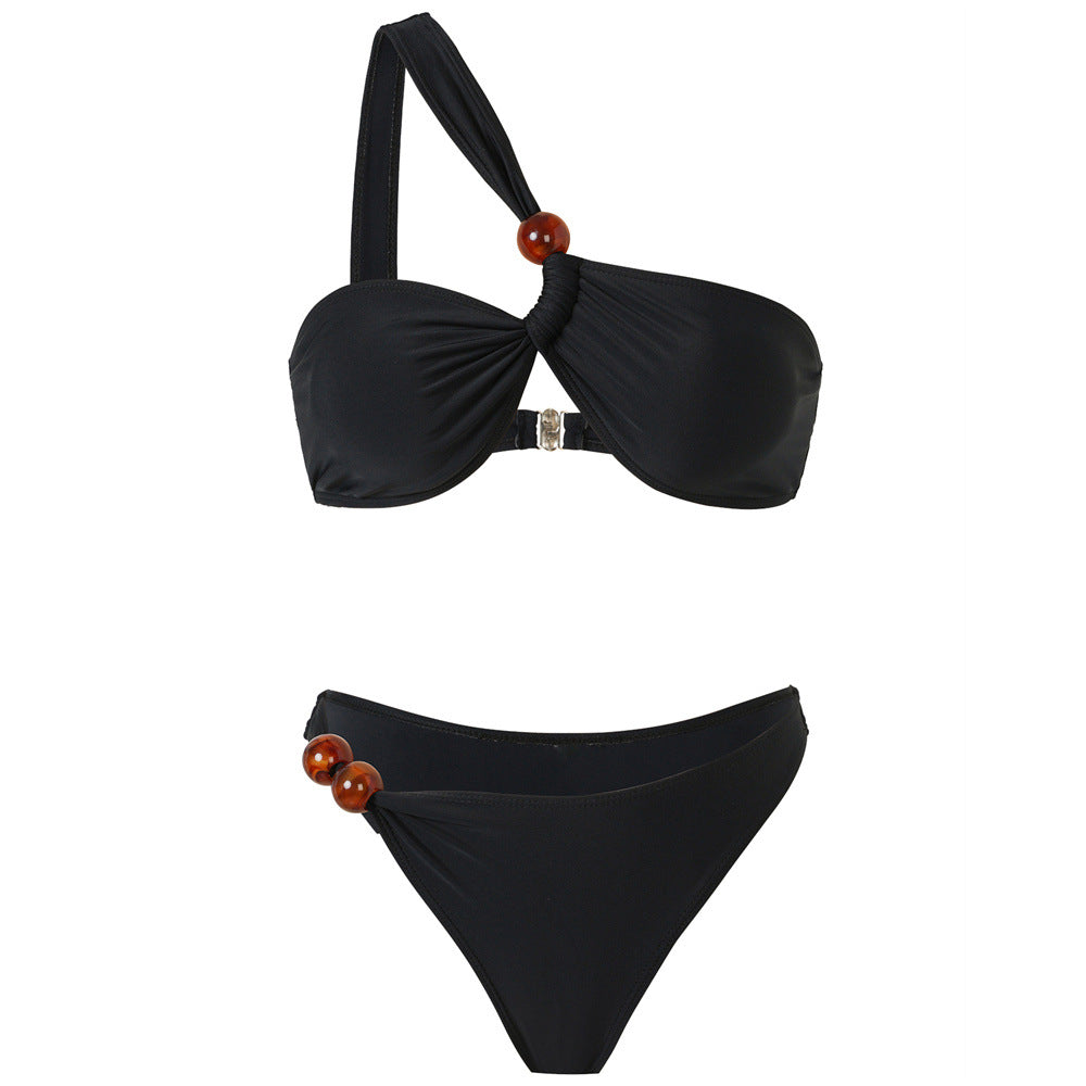 Damen Bikini-Set mit asymmetrischem Halter-Neck und dekorativen Hosenknöpfen R&B