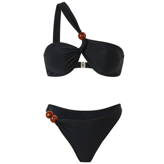 Damen Bikini-Set mit asymmetrischem Halter-Neck und dekorativen Hosenknöpfen R&B
