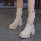 Damen Stilvolle Stiefeletten mit hohen Blockabsätzen und modischem Riemendesign