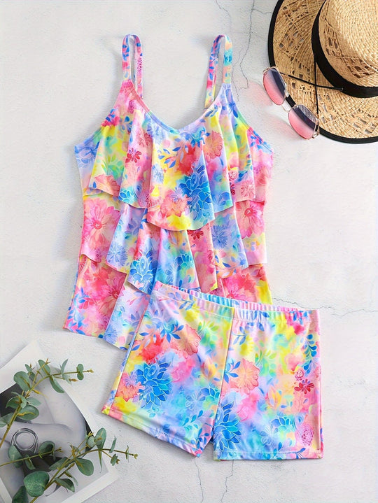 Damen Freizeit-Badeoberteil mit leichtem Rüschendesign und Shorts R&B