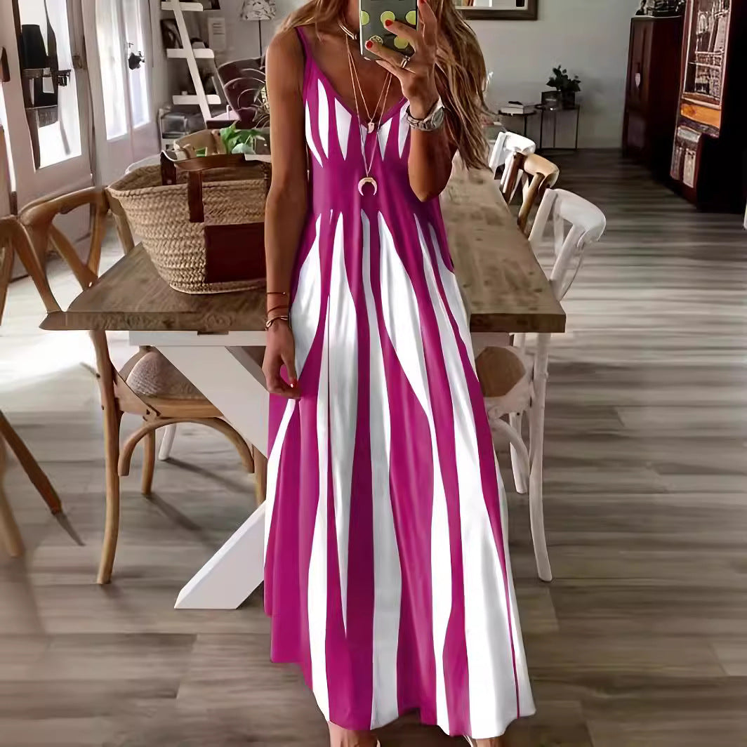 Damen Maxikleid mit raffiniertem Streifenmuster und tiefem V-Ausschnitt R&B