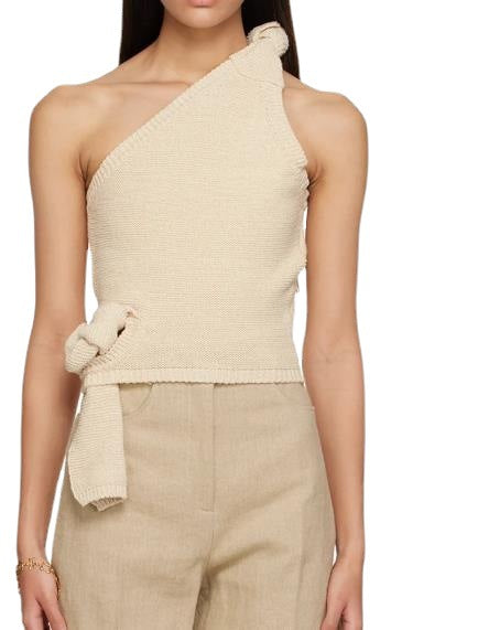 Damen asymmetrisches Strickoberteil mit dekorativem Knoten R&B