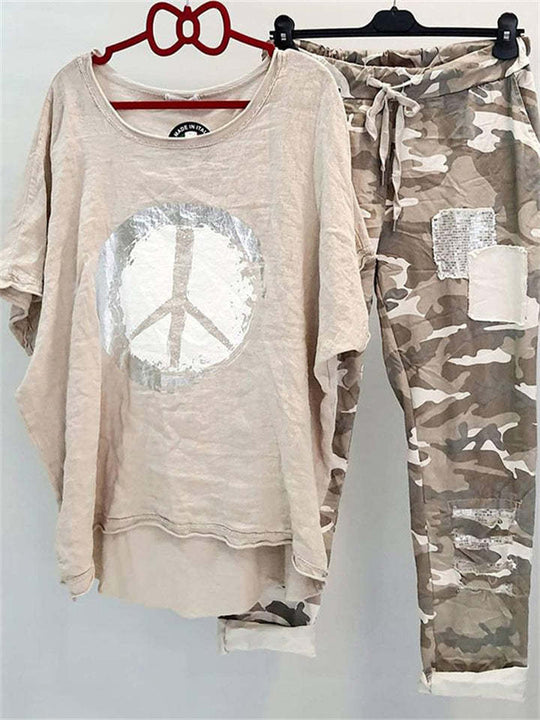 Damen nan lässiges Freizeit-Zweiteiler mit weit geschnittenem Leinenoptik-Shirt, Peace-Symbol und Camouflage-Jogpant mit Patchdetails R&B