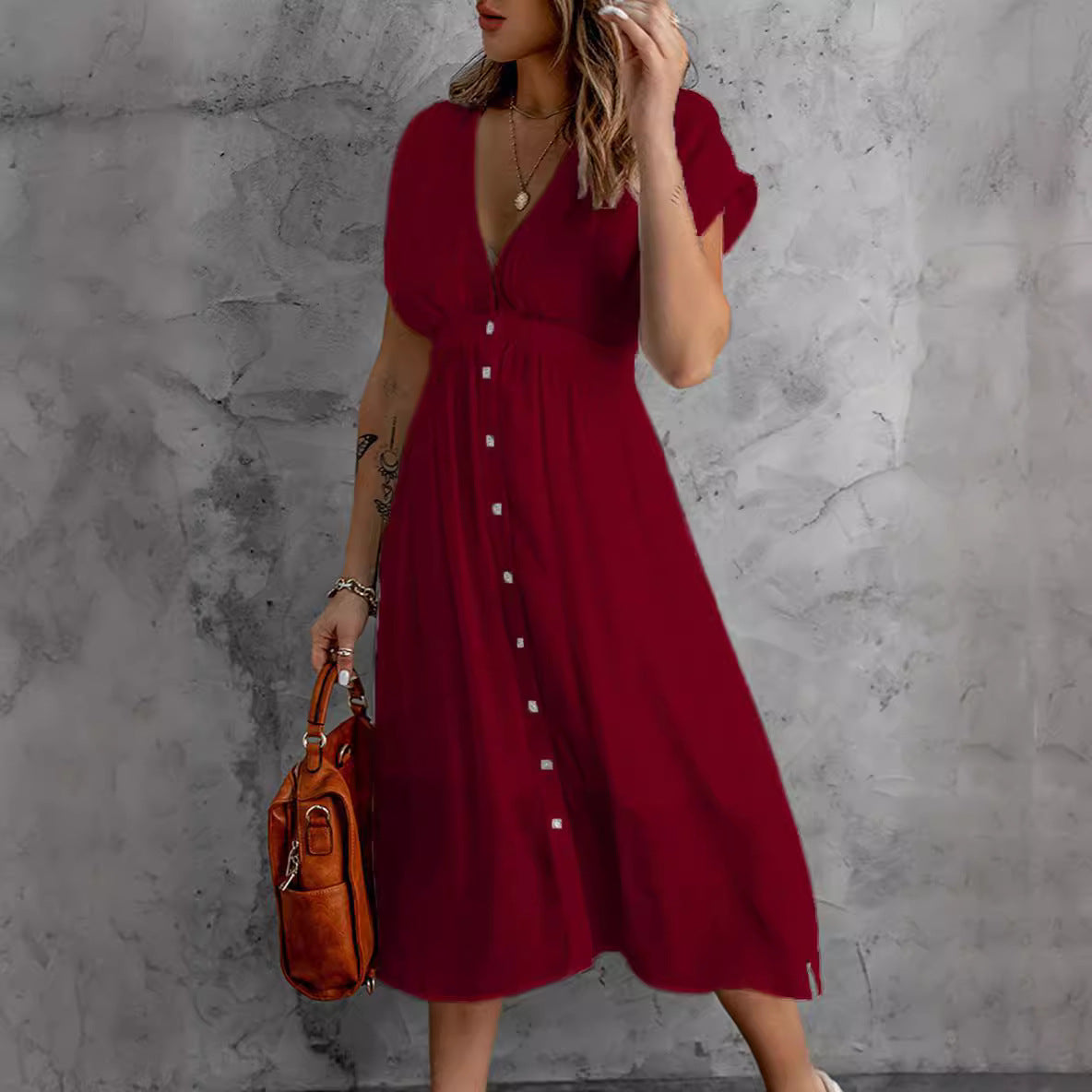Damen luftiges lässiges Hemdkleid mit Knopfdetails und fließendem Schnitt R&B