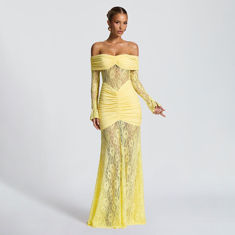 Damen Elegantes Langarm-Spitzenkleid mit Raffungen und schulterfreiem Design R&B