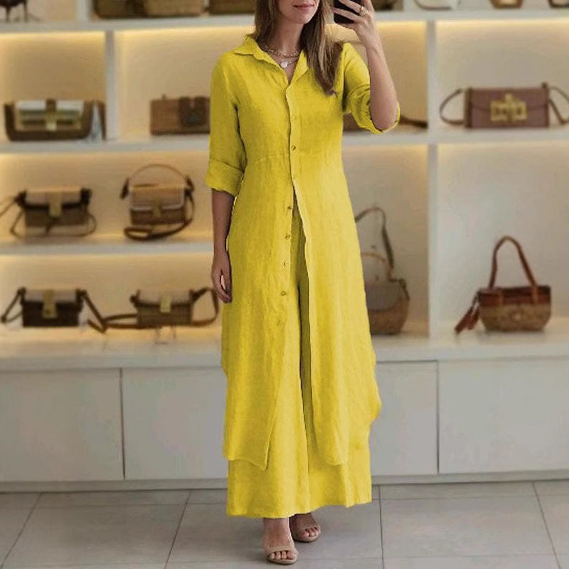 Damen nan langes Leinen-Hemdblusenkleid mit durchgehender Knopfleiste, Hemdkragen und dezentem A-Linien-Schnitt R&B