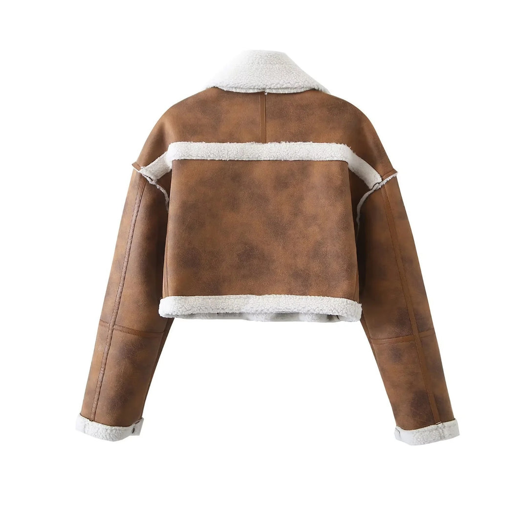 Damen cropped Kunstlederjacke mit kuscheligem Teddyfutter und praktischen Taschen R&B