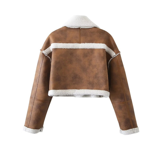 Damen cropped Kunstlederjacke mit kuscheligem Teddyfutter und praktischen Taschen R&B