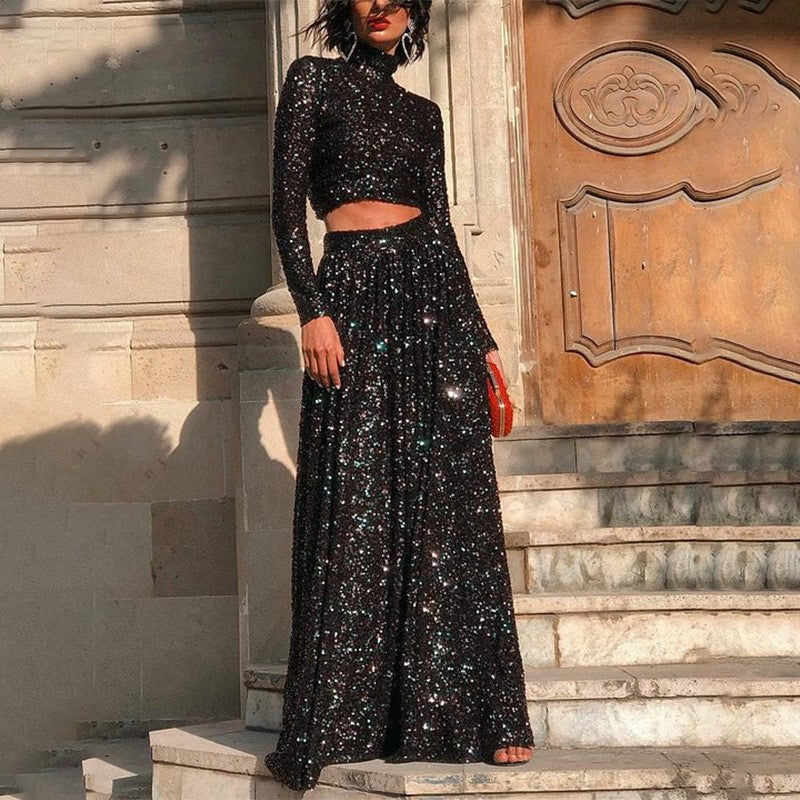 Damen nan zweiteiliges Pailletten-Abendset mit hochgeschlossenem Crop-Top und fließendem Maxirock R&B