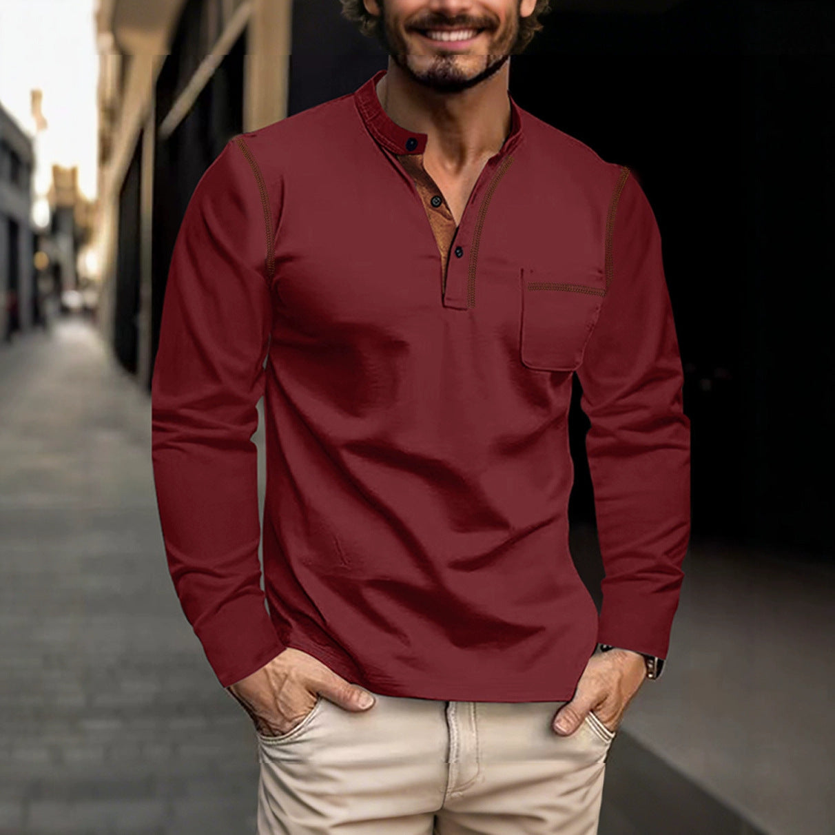 Herren nan legeres Langarm-Henleyshirt mit Stehkragen Knopfleiste und Brusttasche R&B