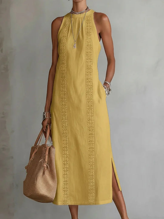 Damen Elegantes Sommer-Maxi-Kleid mit Spitzenapplikation und seitlichem Schlitz Heidi-Mode