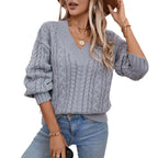 Damen Grobstrickpullover mit V-Ausschnitt und Zopfmuster
