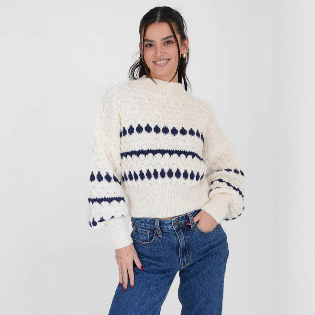 Damen Strickpullover mit modernem Zopfmuster und voluminösen Ärmeln R&B