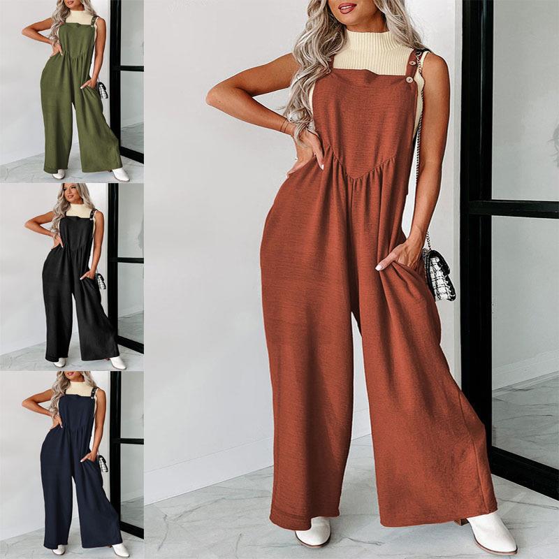 Damen lässiger Jumpsuit mit weit geschnittenem Bein und dekorativen Knopfdetails R&B