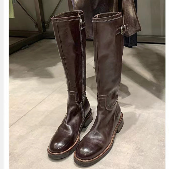 Damen Überknie-Stiefel aus hochwertigem Leder mit robustem Reißverschluss und modischen Schnallen R&B