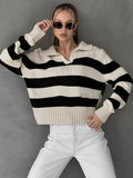 Damen Grob gestrickter Pullover mit breitem Kragen und Blockstreifendesign