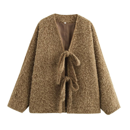 Damen Kuschelige Oversized Weste mit Bindebändern und anschmiegsamem Material R&B