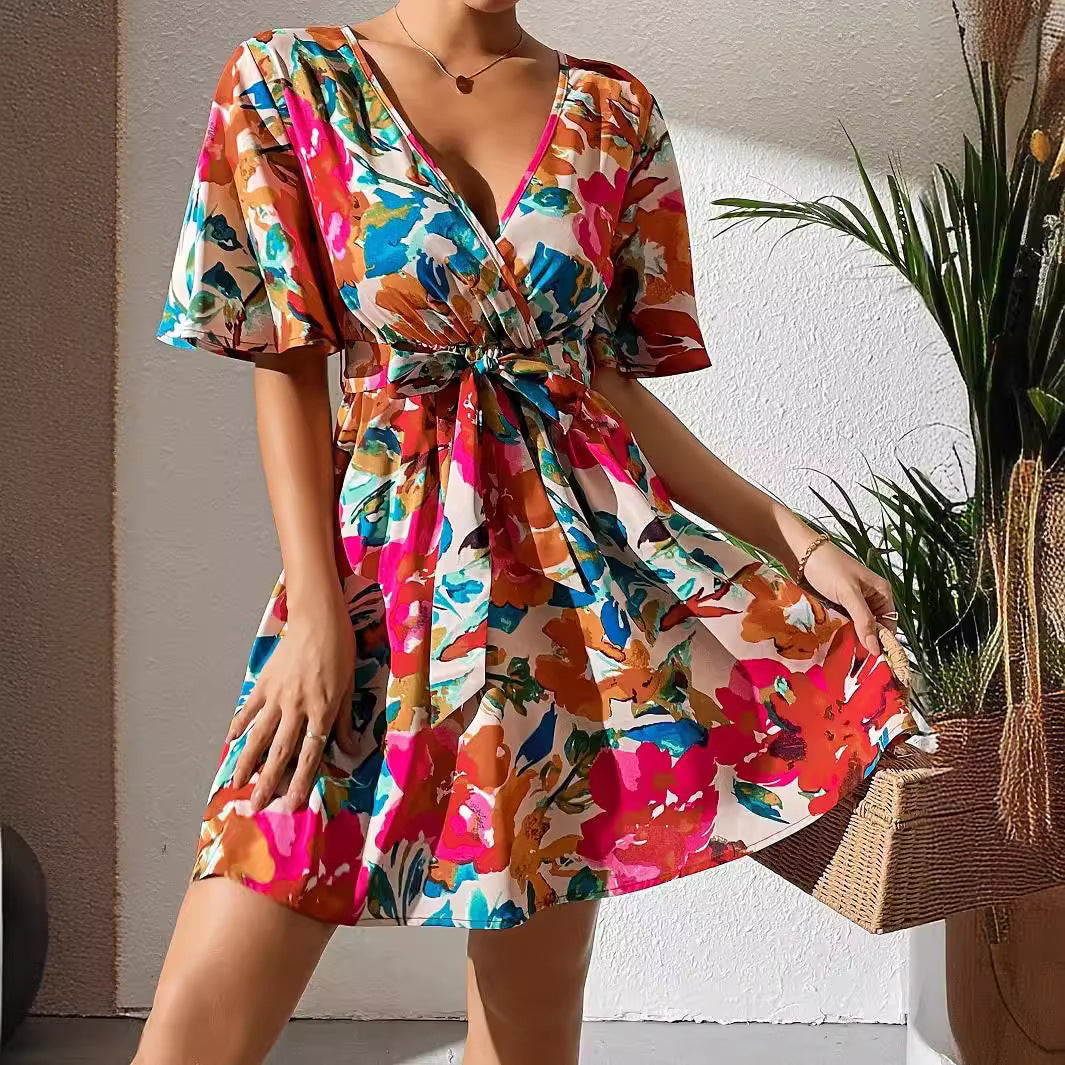 Damen Wickelkleid mit floralem Muster und Taillenknoten R&B