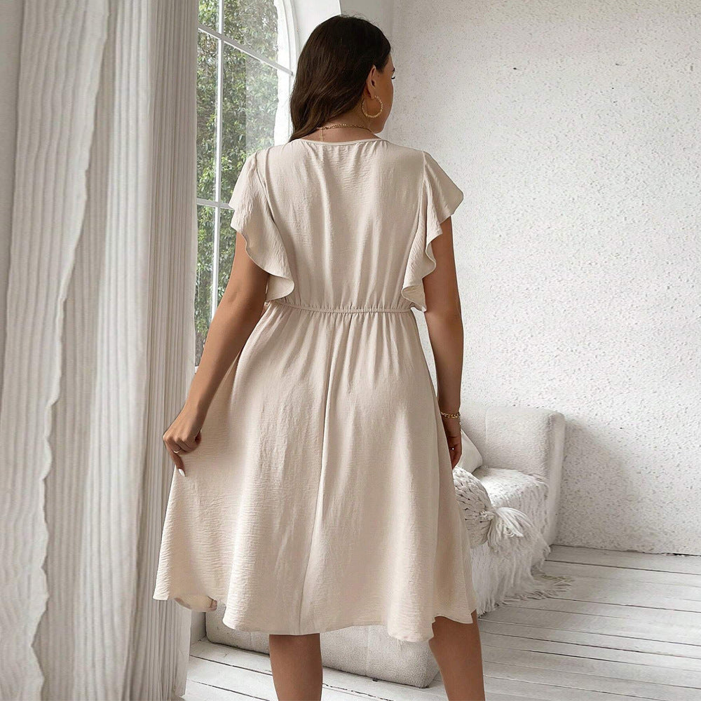 Damen lässiges Knopfkleid mit V-Ausschnitt und Rüschendetails R&B