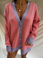 Damen Grober Strickjacke mit V-Ausschnitt und auffälligem Muster R&B