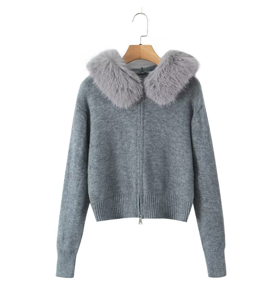 Damen Strickjacke mit luxuriösem Kunstfellkragen und Reißverschluss R&B