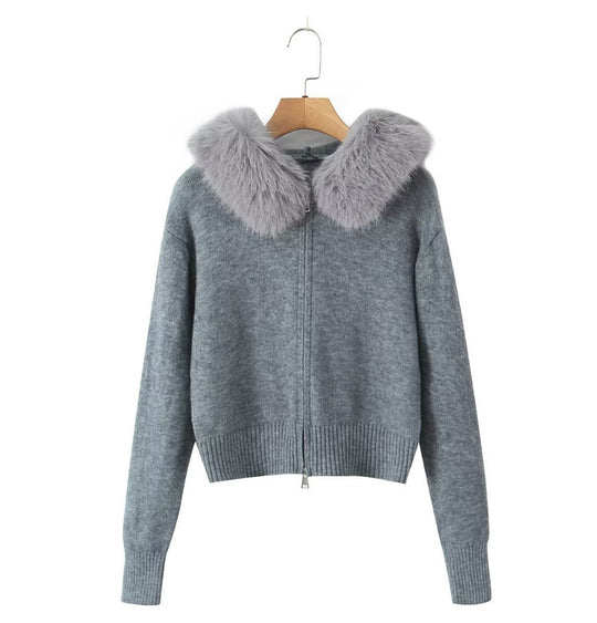 Damen Strickjacke mit luxuriösem Kunstfellkragen und Reißverschluss R&B