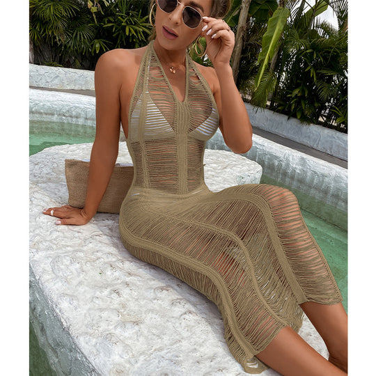 Damen Häkel-Strandkleid mit fransigen Elementen und hoher Taille R&B