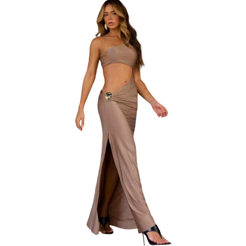 Damen Elegantes asymmetrisches Maxikleid mit Drapierung und dekorativem Detail R&B