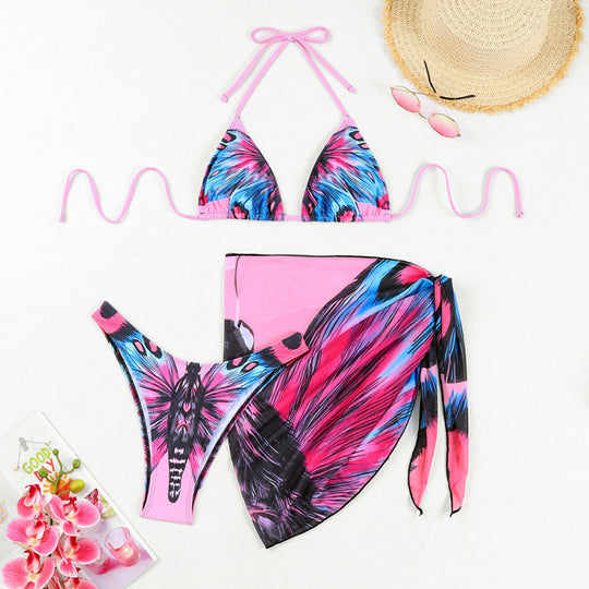 Damen Triangel-Bikini mit verspieltem Wickeldetail und buntem Tropenmotiv R&B