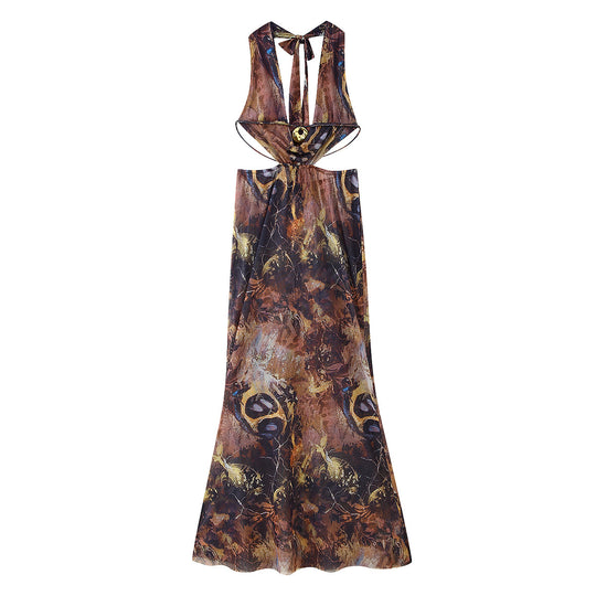 Damen Maxikleid mit elegantem Rücken-Ausschnitt und aufregendem Druck R&B