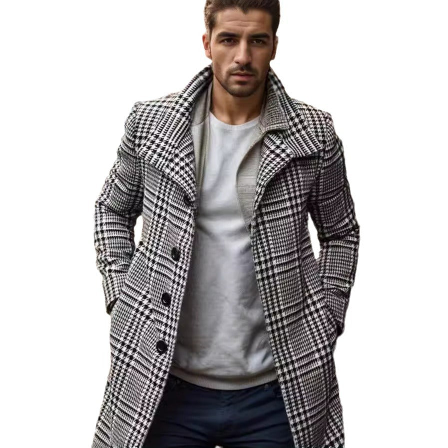 Herren eleganter Karomantel mit großflächigen Taschen und hohem Kragen R&B