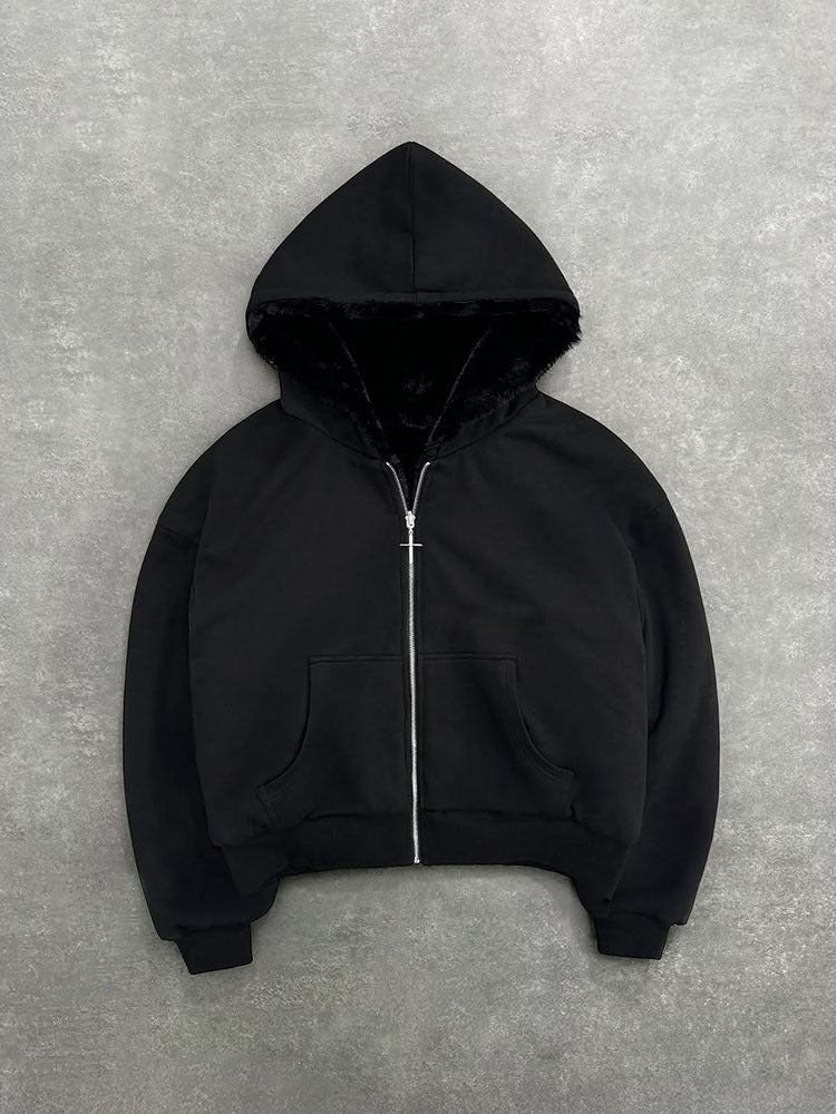 Unisex nan gefütterte Kapuzenjacke kurz geschnitten mit Kreuz-Reißverschluss R&B