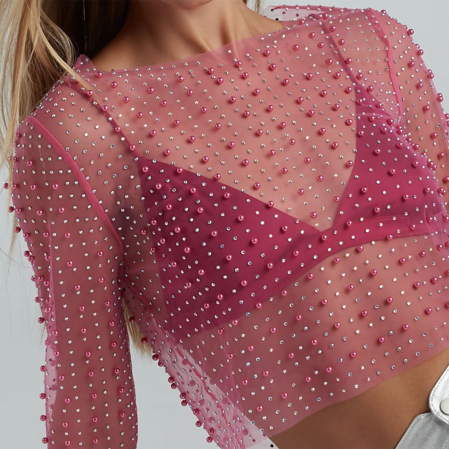 Damen Transparentes Oberteil mit kunstvollen Perlenakzenten R&B
