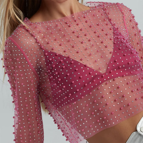Damen Transparentes Oberteil mit kunstvollen Perlenakzenten R&B