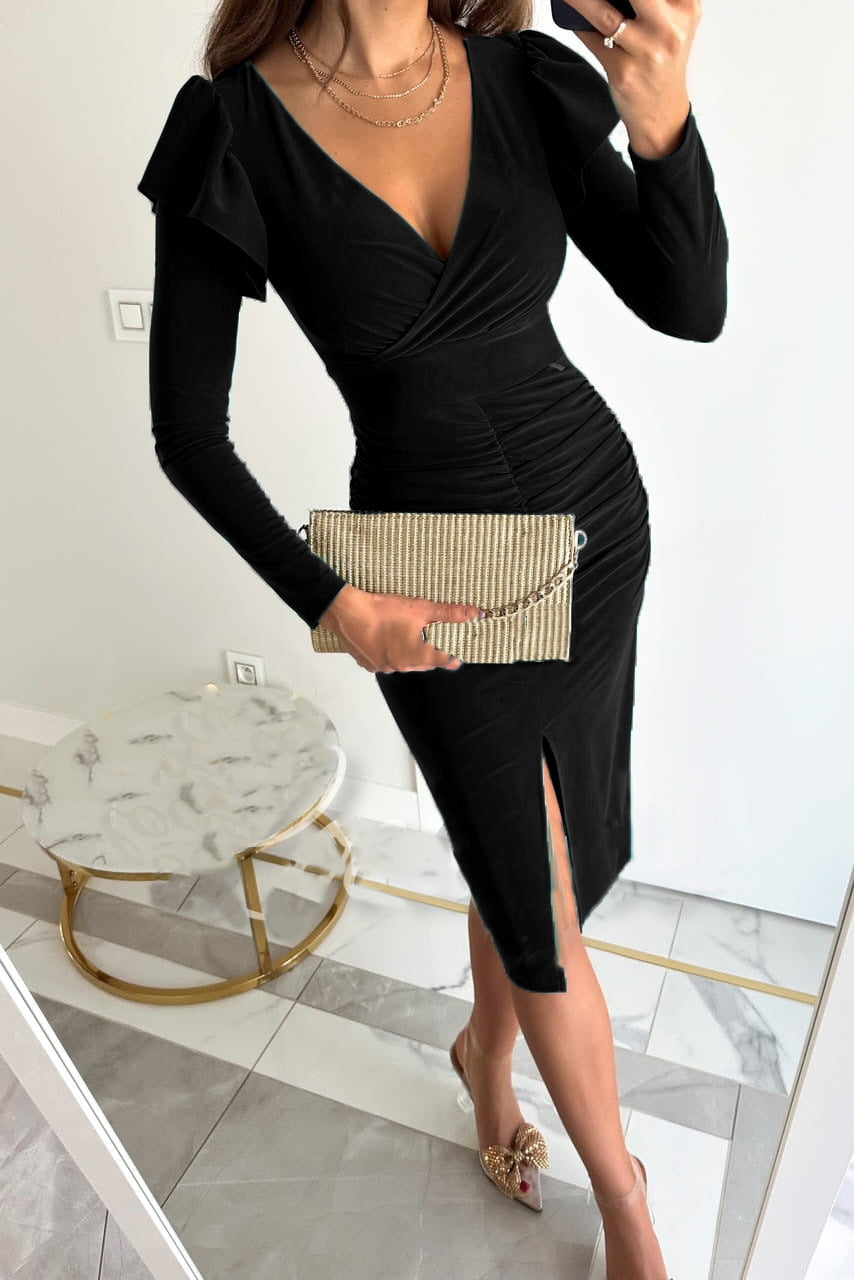 Damen Wickelkleid mit Raffungen und voluminösen Ärmeln R&B