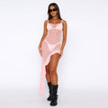 Damen Elegantes Hochgeschlossenes Strandkleid aus durchsichtigem Netzmaterial mit asymmetrischem Saum R&B