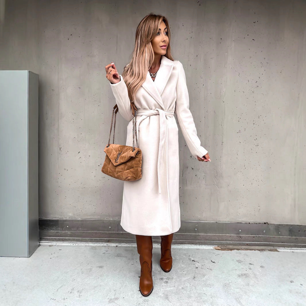 Damen eleganter langärmeliger Wollmantel mit Taillengürtel R&B