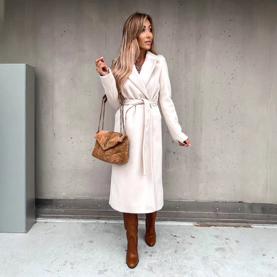 Damen eleganter langärmeliger Wollmantel mit Taillengürtel R&B