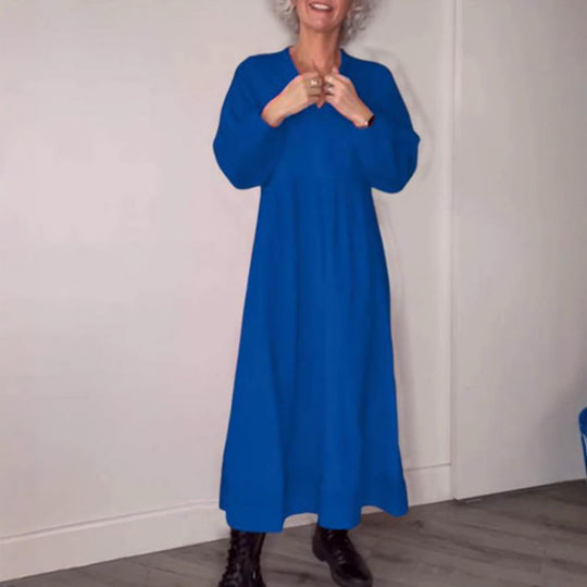 Damen Maxikleid mit elegantem V-Ausschnitt und bequemen langen Ärmeln R&B
