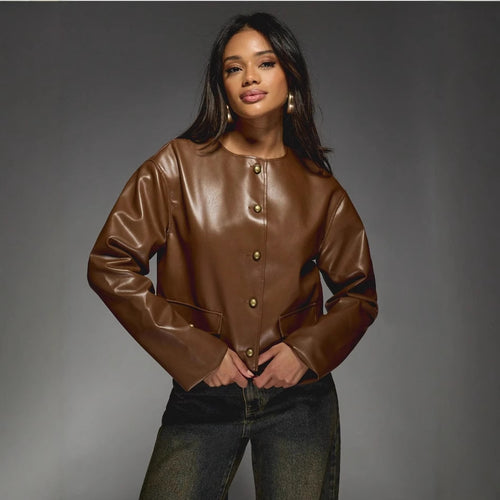 Damen Kunstlederjacke mit glänzendem Finish und dekorativen Knöpfen R&B