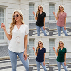 R&B | Einfarbiges Kurzarm-T-Shirt mit V-Ausschnitt und Schleife zum Schnüren